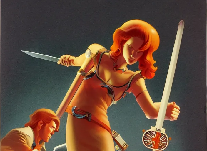 Image similar to the video game transistor's red with the transistor sword by ralph mcquarrie