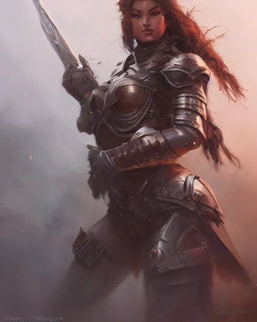 Image similar to beautiful female warrior in heavy armour, by stanley artgerm lau, wlop, rossdraws, frank frazetta, andrei riabovitchev, marc simonetti, tranding on artstation