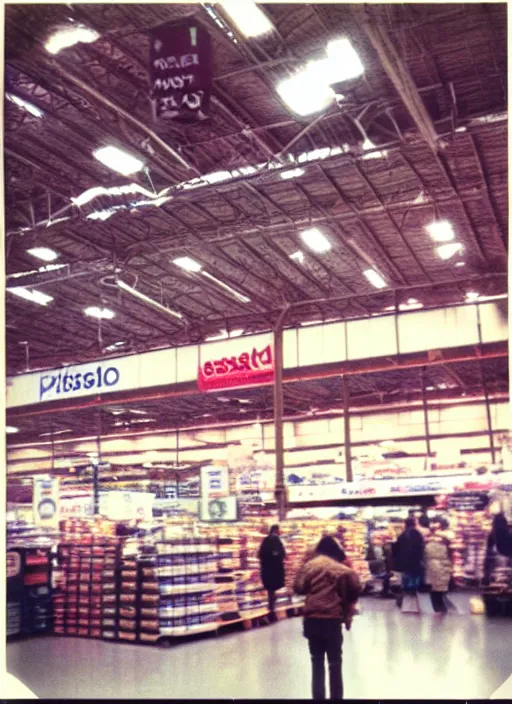 Image similar to first person view. walking through a costco in 1 9 9 7. blurry polaroid. simple composition.