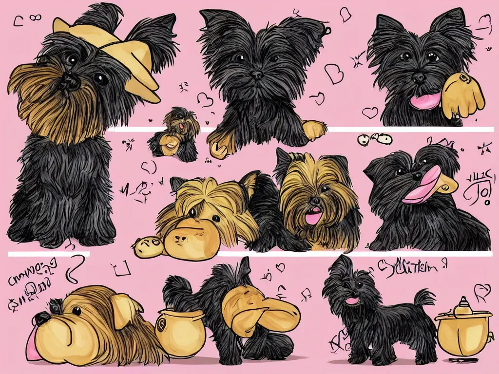 Image similar to a comic strip of a smiling black and caramel Yorkshire Terrier, a pink rubber monkey in front of a simply sketch background , courtroom art, art by Mauricio de Sousa