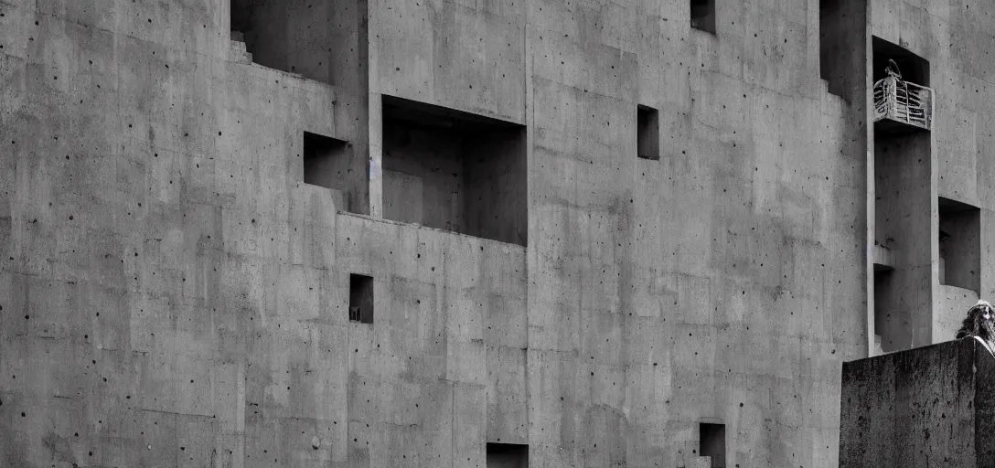 Image similar to the oldest hippy on earth, with a very long beard, standing atop a brutalist concrete building, cinematic shot, hyper realistic, hyper detailed