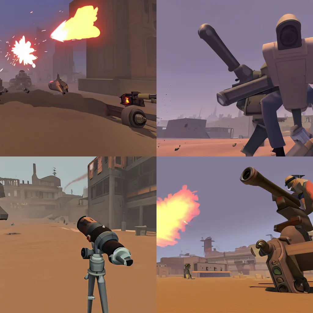 Prompt: Heavy in TF2 dustbowl, firing a minigun