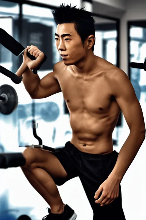 Image similar to Yasuo from League of Legends working out at the gym, photorealistic, highly detailed