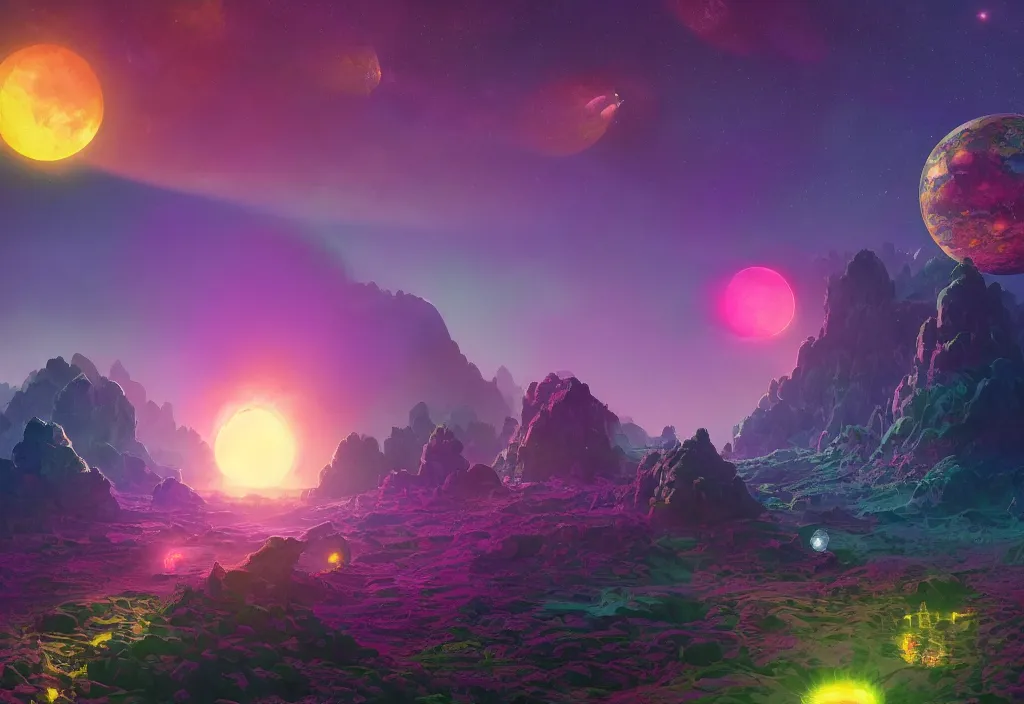 Prompt: dramatic epic stunning beautiful and insanely detailed matte painting of a hexagon shaped planet in a colorful universe with hexagons, lens flares, atmospheric and vaporwave composition, digital art by Kilian Eng and Simon Stalenhag, masterpiece, fantastic, octane render, 8K HD Resolution, High quality image