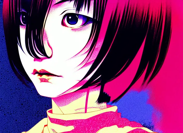 Image similar to editorial illustration colorful, anime portrait of shiina ringo, katsuhiro otomo, manga, ilya kuvshinov, fine texture, realistic shading, fine details, matte colors, film noir, dramatic lighting, dynamic composition, mucha, moody, vivid, volumetric, stippled lighting