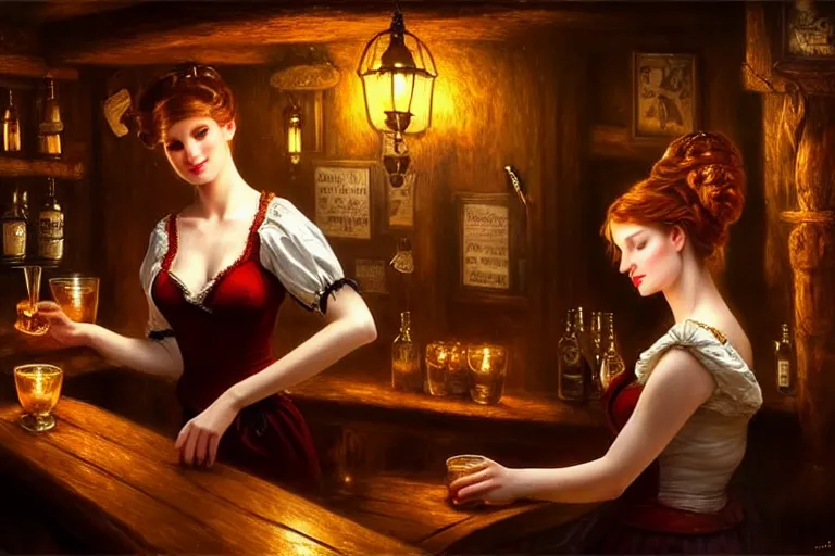 Image similar to a beautiful barmaid, dimly lit cozy tavern, relaxed pose, fantasy, intricate, elegant, dramatic lighting, emotionally evoking symbolic metaphor, highly detailed, lifelike, photorealistic, digital painting, artstation, concept art, smooth, sharp focus, illustration, art by John Collier and Albert Aublet and Krenz Cushart and Artem Demura and Alphonse Mucha, masterpiece