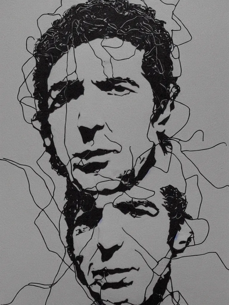 Image similar to wire art portrait of young leonard cohen.