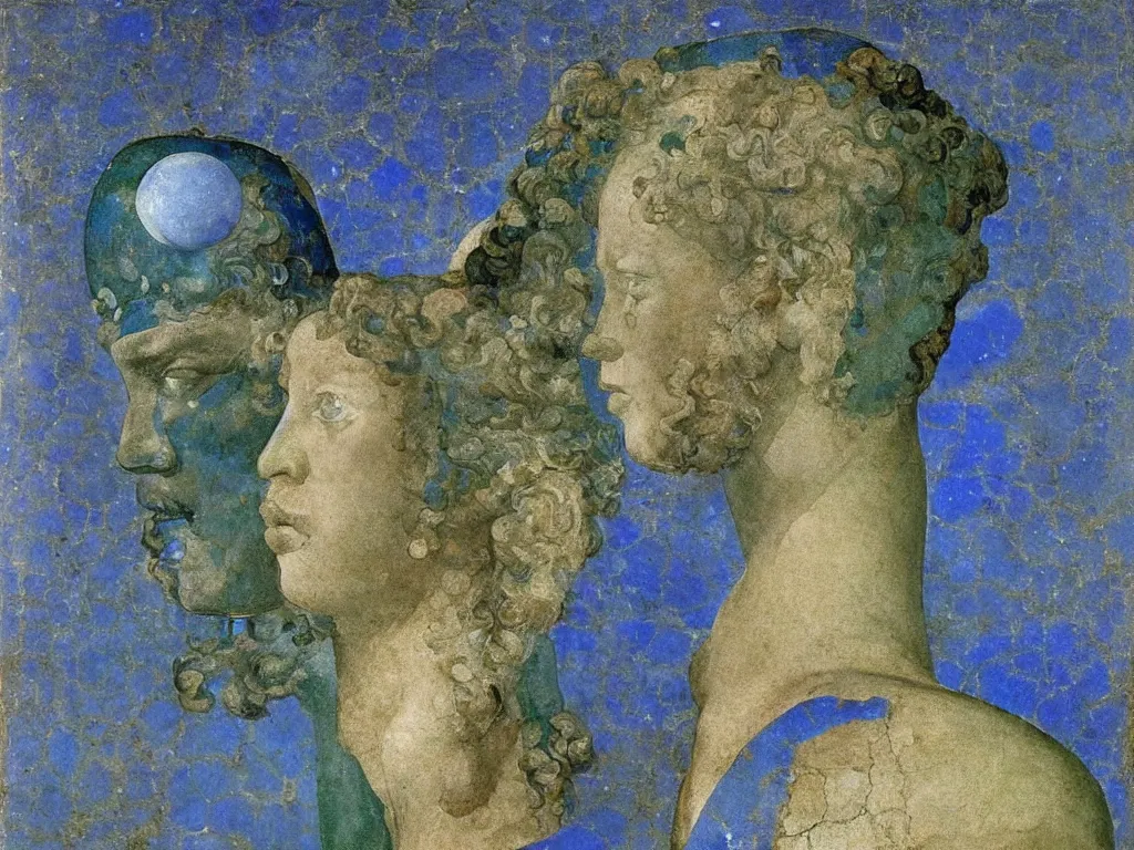 Image similar to marble greek sculpture head of the god of nightmares with inlaid crystal eye. lapis - lazuli, turquoise, malachite, cinnabar, earth brown. painting by piero della francesca, balthus, agnes pelton