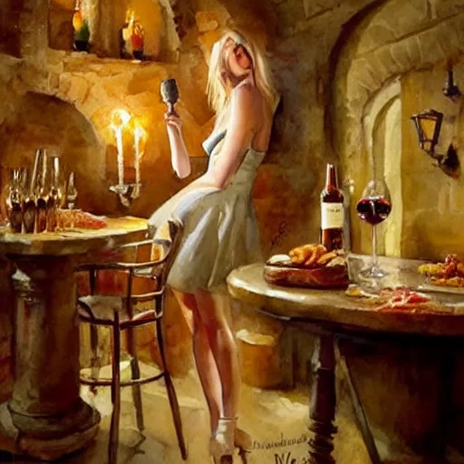 Image similar to beautiful blonde in hot dress in a wine cellar, food, pork, beer, schnapps, rustic, traditional, torches on the wall, watercolor by vladimir volegov, highly detailed, masterpiece