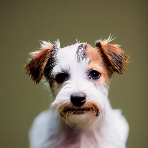 Image similar to a high quality photograph of a scruffy wire haired jack russell terrier puppy, white with chocolate brown spots, brown patches over both eyes. friendly, curious expression.