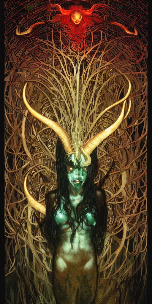 Image similar to intense roaring screaming glowing black metal pagan god with ram horns and veins and intense glowing eyes in very dark forest by karol bak and alphonse mucha, portrait, fantasy, clear, light beams, lens flare, intense, uhd, red and teal and shining polished gold, amazing depth, cinematic lighting