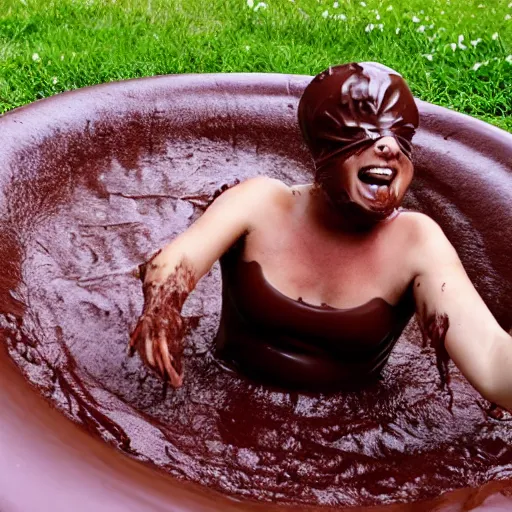 Image similar to person sliding through chocolate pudding head first, slip n slide, professional photo, funny