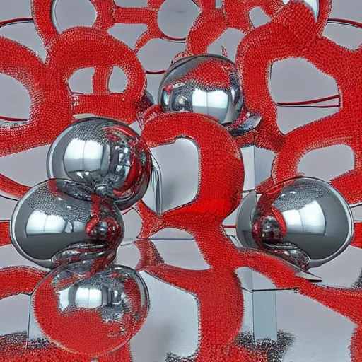 Prompt: chrome spheres on a red cube by james mcdougal hart