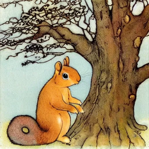 Image similar to two squirrels sitting in a tree, a rabbit sits underneath the tree, in the style of john bauer