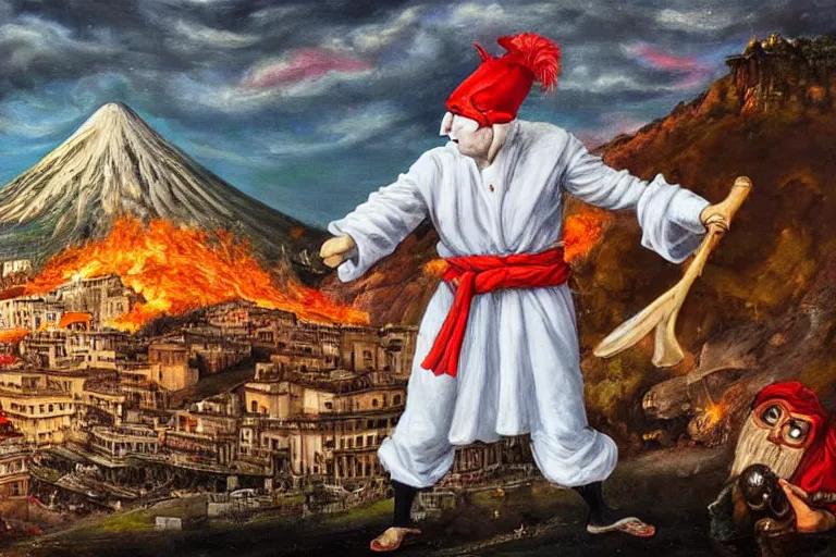 Image similar to a highly detailed pulcinella!!! from naples with pizza!! in the foreground, volcano in the background, full body, wide angle, an ultrafine detailed painting by achille superbi, post - apocalyptic vibe, trending on deviantart, whimsical, lowbrow, coherent, sharp focus, octane, masterpiece