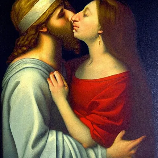 Image similar to 1 8 th oil panting of a jesus kissing a woman