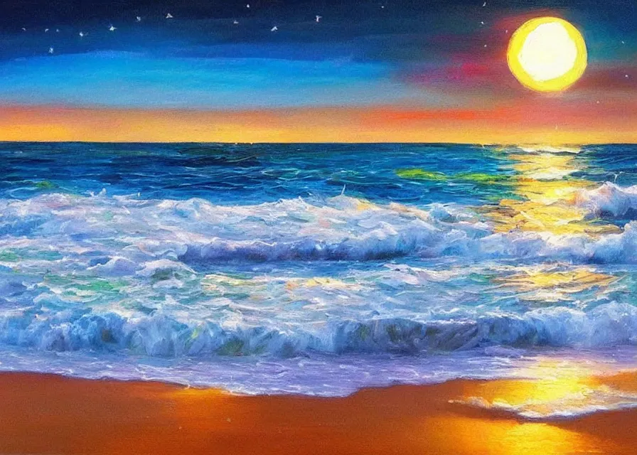 Image similar to beautiful night ocean in moonlight, colorful oil painting