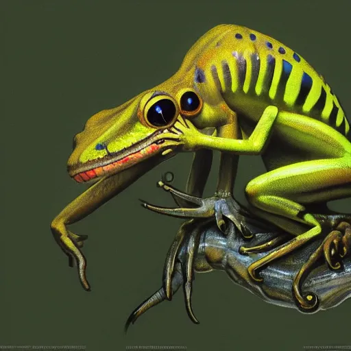 Prompt: yellow dart frog, xenomorph, jumping to a leaf, hunting a mosquito, by artist giger, concept art for movie, low saturated colors, extreme detail, 4 k, detailed concept art, realistic lighting, sharp focus, backlit