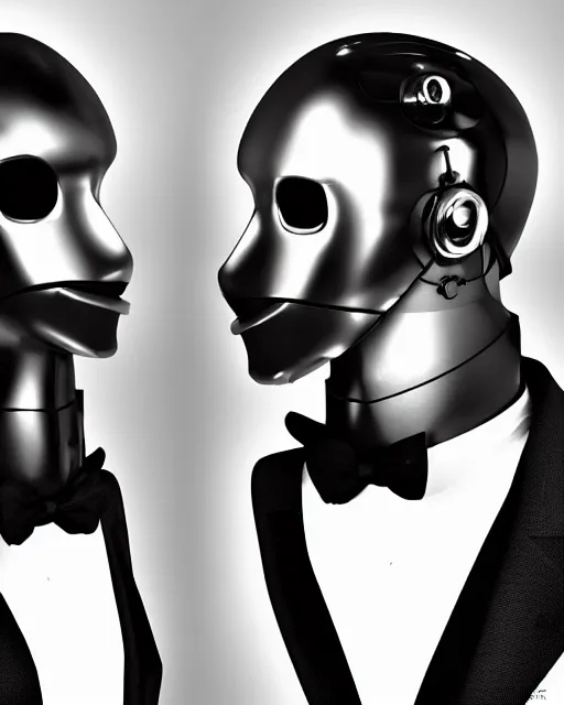 Image similar to portraits of a anthropomorphic-robot cyber-face techno mask in black tie suit by Eddie Mendoza retro photo by Louis Daguerre