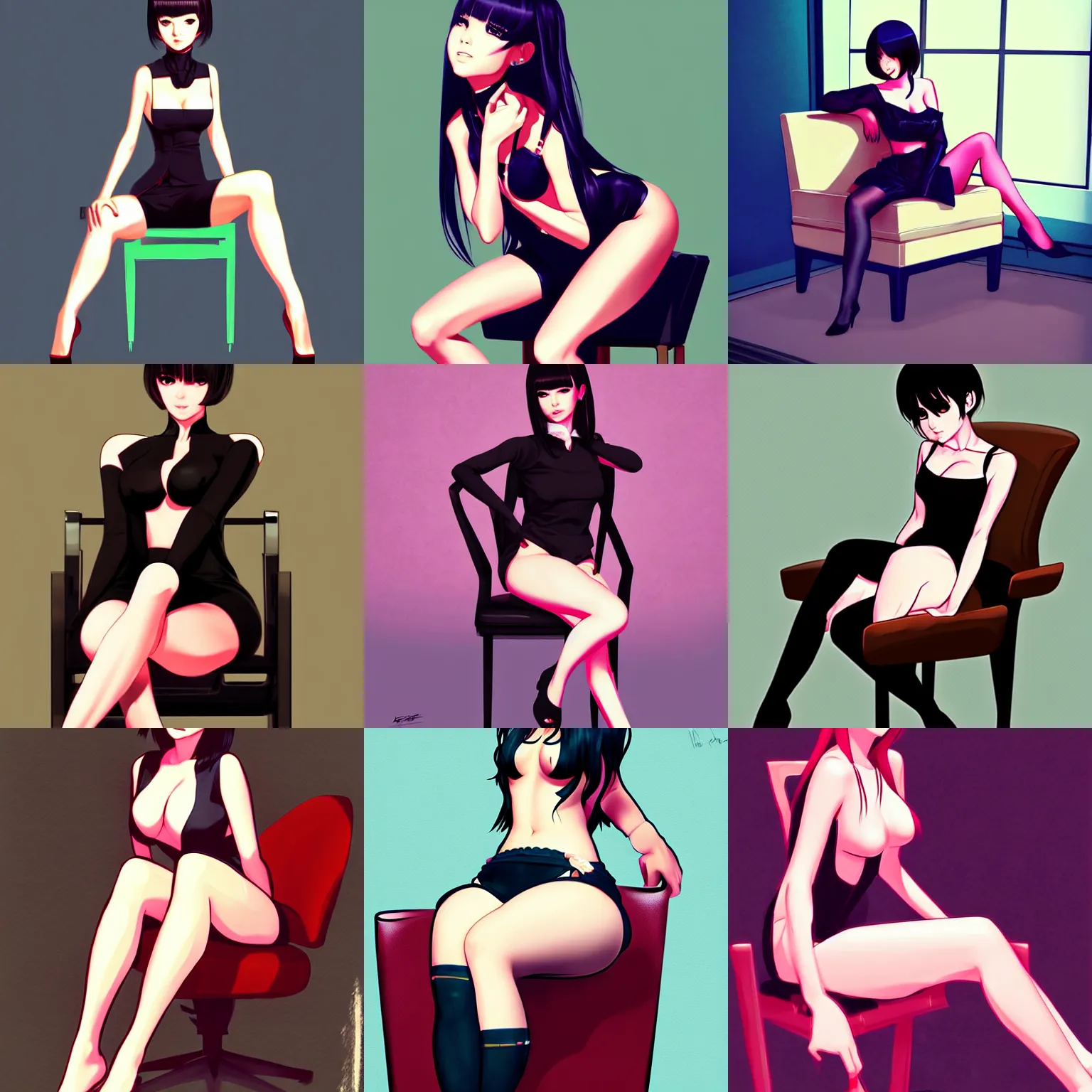 Prompt: seductive sitting in a chair. high definition digital art, drawn by the greatest artist in the world, in the style of Ross tran and ilya kuvshinov