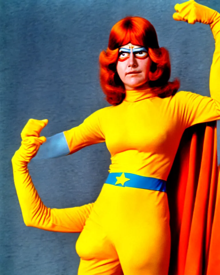 Image similar to new marvel superhero named captain marigold, not cropped, orange and yellow costume, 1 9 7 0 s photo