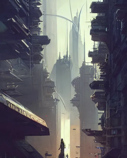 Image similar to futuristic cyberpunk city of warsaw, poland. fantasy art by greg rutkowski, gustave courbet, rosa bonheur, edward hopper. faithfully depicted architecture, realistic, sharp focus, global illumination, radiant light, detailed and intricate environment, trending on artstation