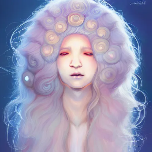 Image similar to the beautiful androgynous young tardigrade sun god tardigrade, very very long fluffy curly blond hair, pale white skin, 1 5 0 4, by sakimichan and rossdraws, 4 k digital painting, artstation cgsociety