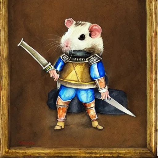 Prompt: hamster warrior, wearing armor, holding sword, watercolor painting