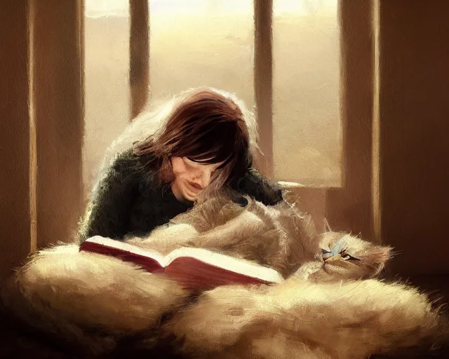 Prompt: a beautiful warm fuzzy painting of a woman curled up with a blanket reading a good book next to her friendly cat who is purring with eyes closed. they are both sitting next to a window as the sun sets in winter, by greg rutkowski, trending on artstation, concept art, lofi, digital illustration