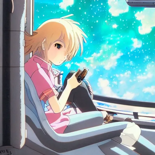 Image similar to a beautiful anime gamer girl sitting in space, studio ghibli, detailed,