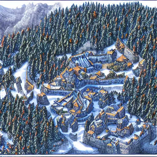 Image similar to An isometric overhead view of a narrow valley, winter time, dark pine trees, a tall castle guarding one end of the valley, fantasy style, D&D sourcebook, hyper detailed, high quality