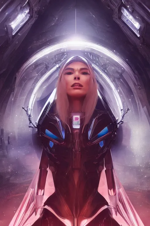 Image similar to beautiful cyborg priestess, scifi, perfect face, futuristic, elegant cape, aura of light, glow, concept art, sharp focus, inside a space ship, trending on artstation, hwang se - on, intricate, advanced technology, art by roman makarenko and simon almeida and marcos melco