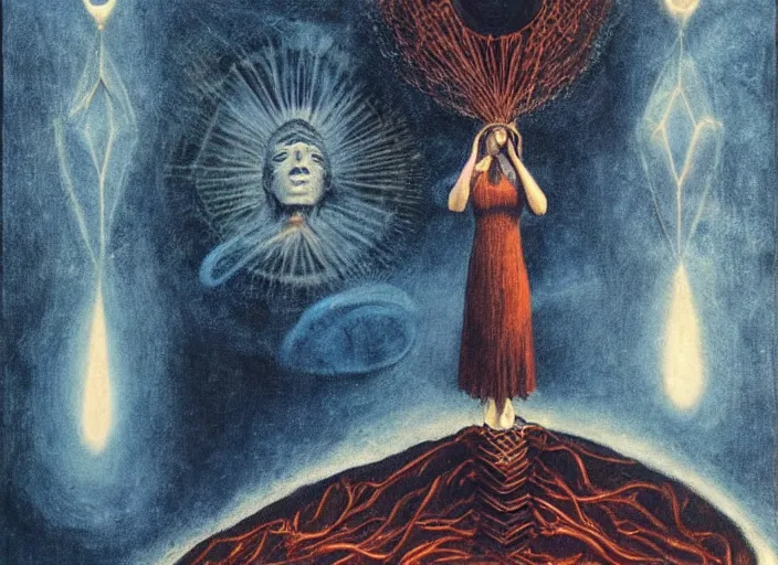 Prompt: a shaman woman spirit holding up the cosmic!! universe, by remedios varo, reflection, symbolist, occult, magic colors, dramatic lighting, smooth, sharp focus, extremely detailed, aesthetically pleasing composition