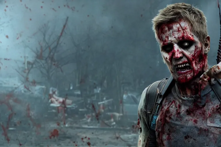 Image similar to film still of zombie zombie Hawkeye as a zombie in new avengers movie, 4k