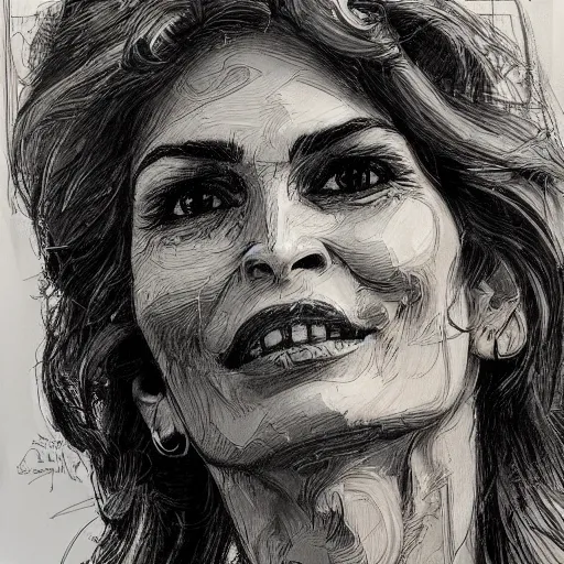 Prompt: a realistic yet scraggly portrait sketch of the side profile of a happy cindy crawford, trending on artstation, intricate details, in the style of frank auerbach, in the style of sergio aragones, in the style of martin ansin, in the style of david aja, in the style of mattias adolfsson