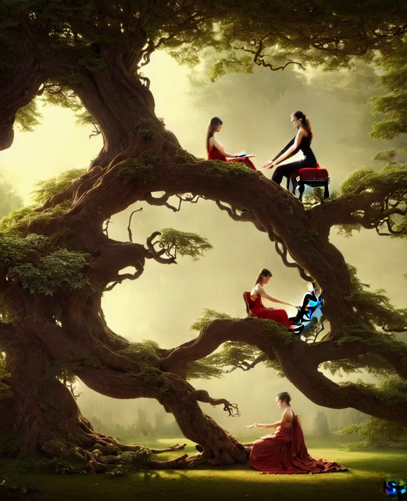 Image similar to woman playing a piano sitting on a giant tree, very detailed, 8k, maximized, ornate, masterpiece, complex, by Greg rutkowski, Alex Gray, surrounded by smoke