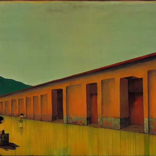 Image similar to a chinese prison near a river by peter doig, muted colors