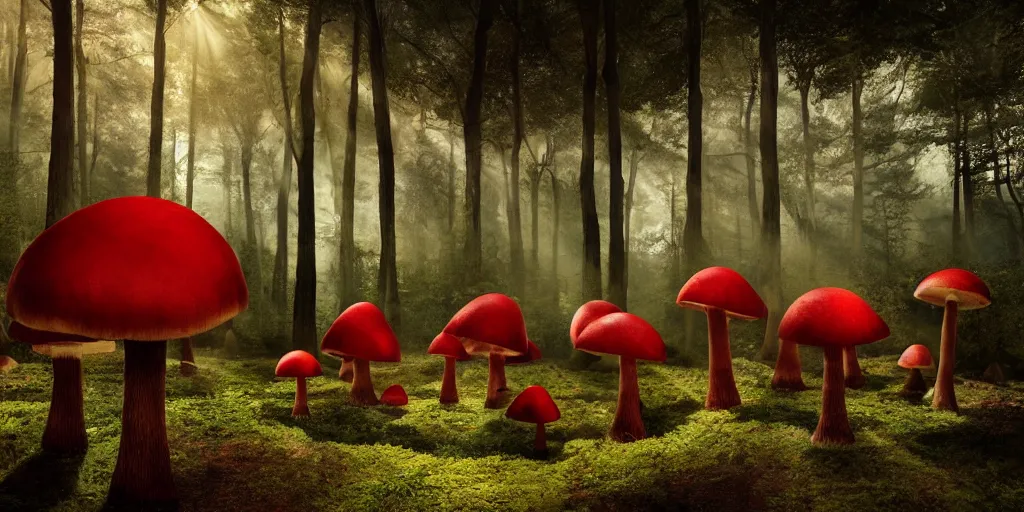 Image similar to Photo by Filip Hodas of the cinematic view of the Forest of the Giants, various giant mushrooms, some little mushrooms on the floor, A very big red mushroom with white spots, photorealism, a few sun ray of lights falling with dust, photo taken with canon 5D