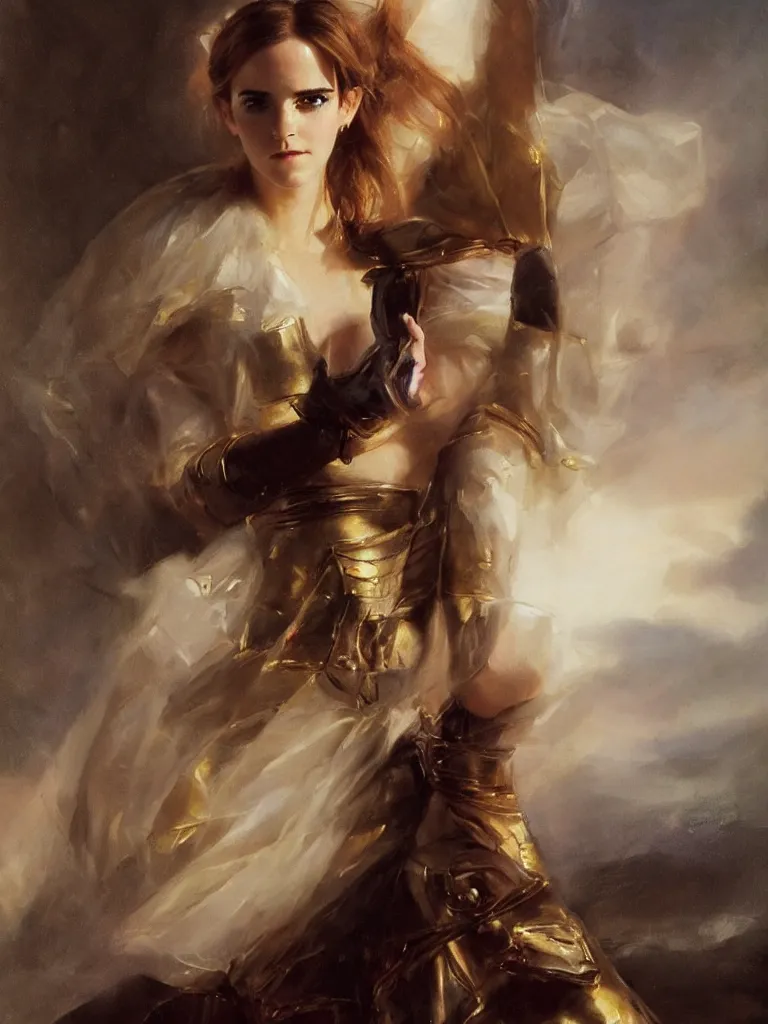 Image similar to close up of emma watson in full leather armor, cinematographic shot, by vladimir volegov and alexander averin and delphin enjolras and daniel f. gerhartz