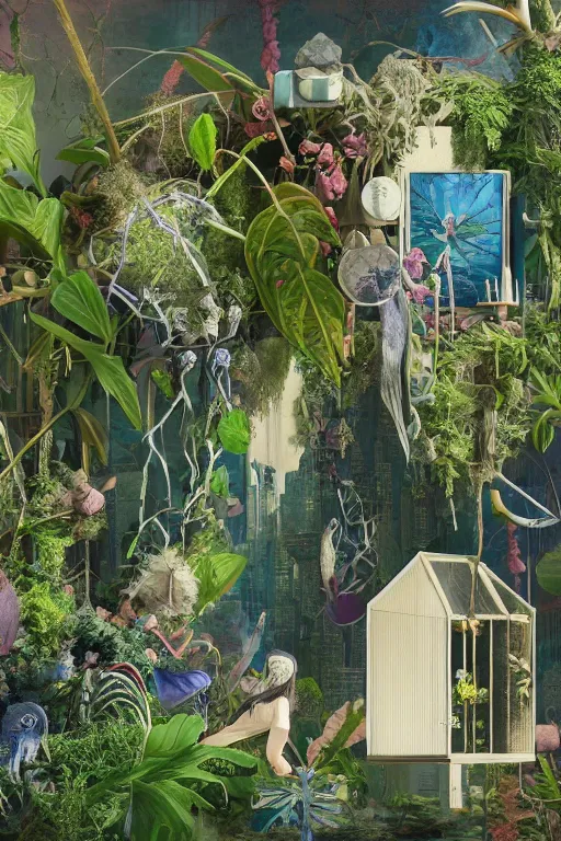 Prompt: huge Joseph Cornell assemblage overgrown with plants, hyper realistic octane render 4K, micro detailed