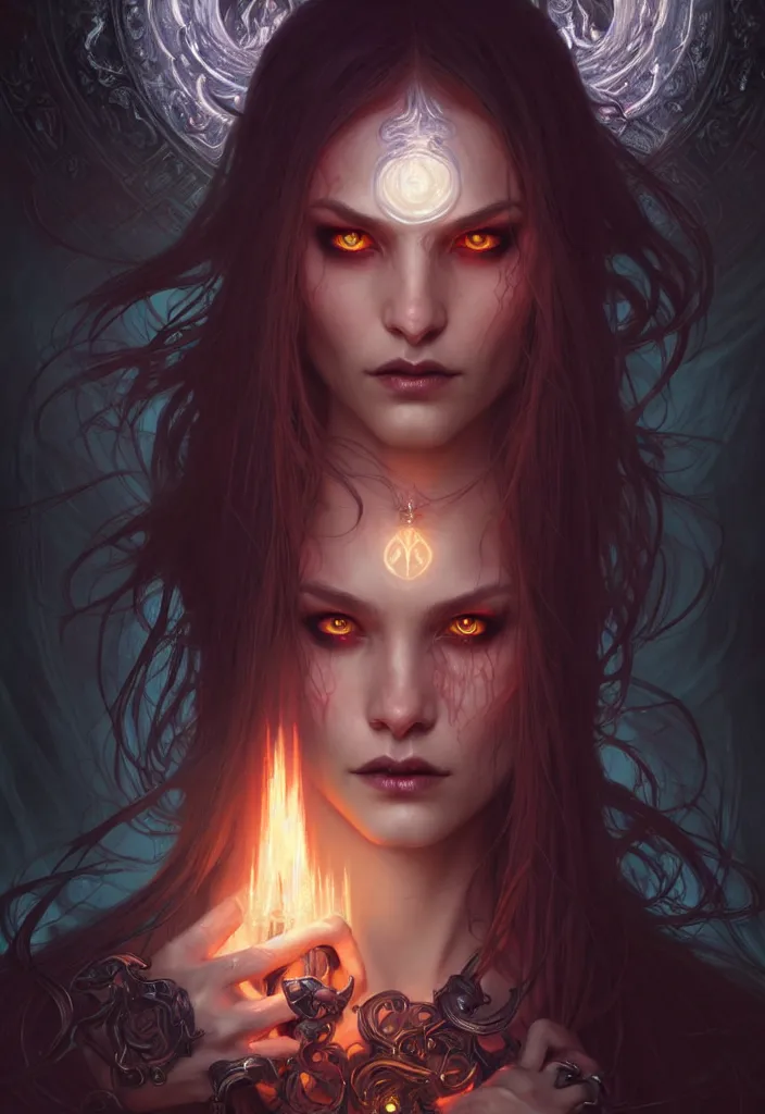 Image similar to Necromancer Sorceress face in center, fantasy magic, undercut hairstyle, dark light night, intricate, elegant, sharp focus, illustration, highly detailed, digital painting, concept art, matte, art by WLOP and Artgerm and Greg Rutkowski and Alphonse Mucha, masterpiece