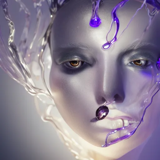 Image similar to abstract female face sculpture melting in white marble and amethyst crystals quartz, ethereal lights, fine details, film still, cinematic photoshooting, luxury, strong wind, dark mood, sad, liquid acrylic painting, optical cables, cold colors, golden filigree, lens flares, octane render