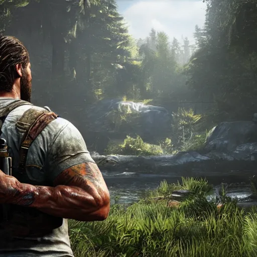 Image similar to videogame screenshot of dwayne johnson in the last of us