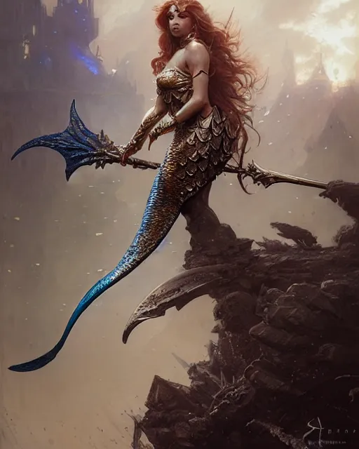 Image similar to a fierce mermaid princess in full armor, fantasy character portrait, ultra realistic, concept art, intricate details, highly detailed by greg rutkowski, gaston bussiere, craig mullins, simon bisley