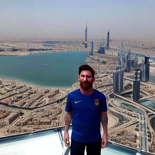 Prompt: Lionel Messi standing on top of Burj Khalifa