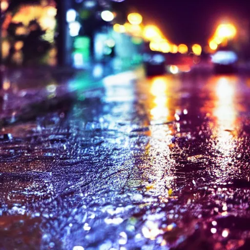 Prompt: photo, night, rain, modern street, light, close up the frog on wet road