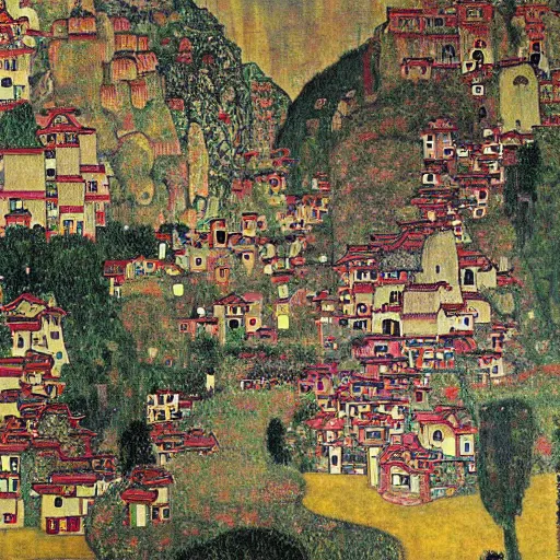 Prompt: chinese dragon flying over hills and a small town, large 1 6 : 9 painting by gustav klimt