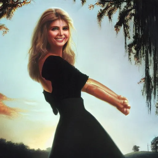 Image similar to An enchanting portrait of Olivia Newton John, evening, detailed matte painting, cinematic