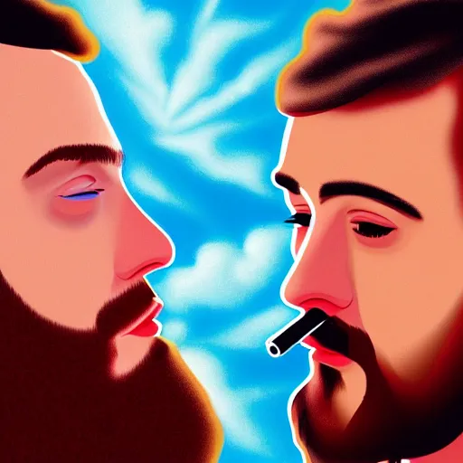 Image similar to an ultra detailed picture portrait of Mac Miller and Jesus smoking a joint in heaven, 8k, photorealistic,