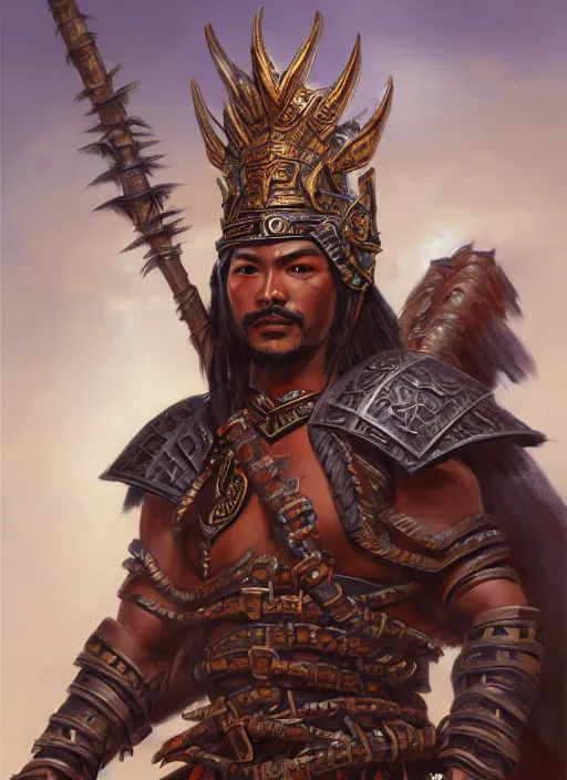 Image similar to smart tai warlord, closeup portrait, historical hero, ethnic group, tai costume, bronze headdress, intricate, with leather armor cross on bare chest, elegant, loin cloth, highly detailed, oil painting, artstation, concept art, matte, sharp focus, illustration, hearthstone, art by earl norem